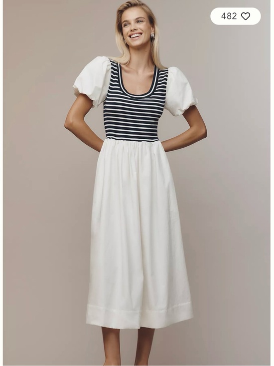 Maeve Dresses & Skirts - Maeve Striped Bodice Puff-Sleeve Midi Dress in White and Black